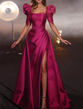 Vestido de noche de corte A con abertura alta, cola de corte para Navidad, mascarada, manga corta, escote cuadrado, satén con abertura fruncida
