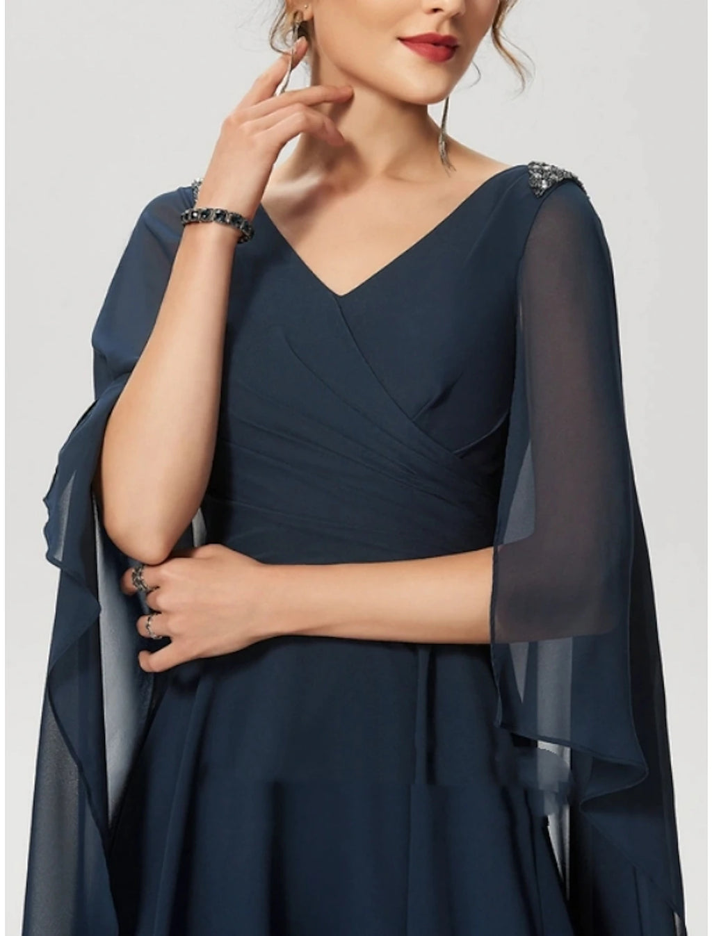 Dark Navy Chiffon A-Line Knee-Length Dress with V-Neck, Draped Bodice & Sheer Cape Sleeves