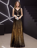 Vestido de fiesta elegante minimalista de corte A, vestido de noche formal, cuello en V, sin mangas, largo hasta el suelo, satén con lentejuelas