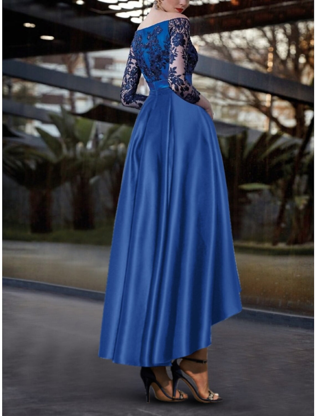 Vestido de noche elegante de corte A para invitada de boda formal, asimétrico, manga larga, hombros descubiertos, satén con pliegues y lentejuelas