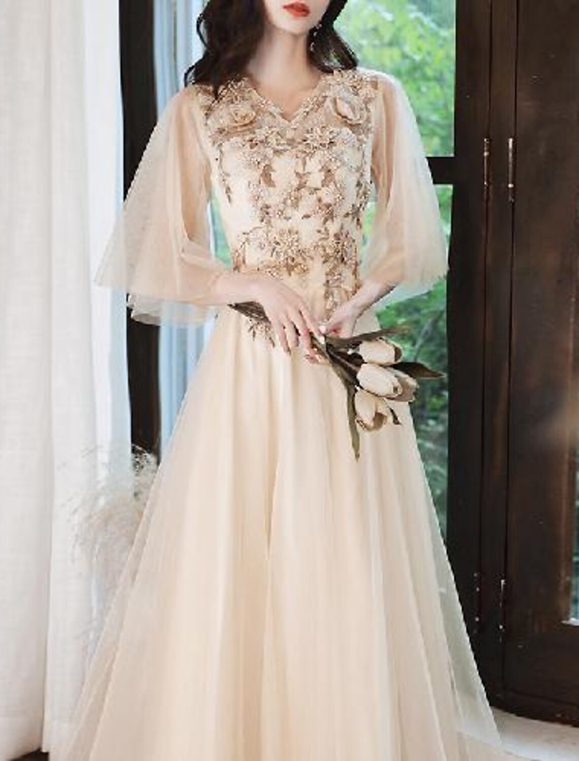 Abiti da ballo a trapezio, graziosi abiti da sposa per San Valentino, da ospite, lunghi fino al pavimento, con mezza manica, scollo a V, in tulle con applicazioni di perline