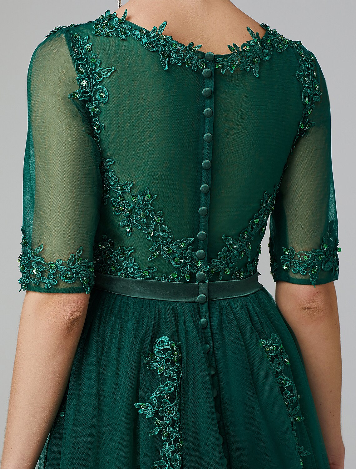 Emerald Green Tulle A-Line Tea-Length Bridesmaid Dress with Embellished Sheer Bodice