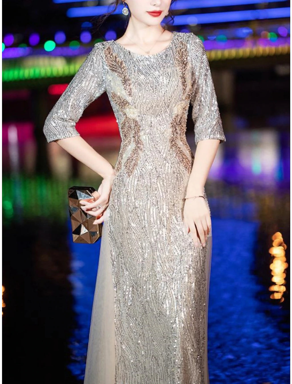 Vestido de madre de la novia con corte tubo/columna, para invitados de boda, fiesta, brillo y brillo, pequeño, escote redondo, largo hasta el suelo, tul con lentejuelas, media manga y pliegues.