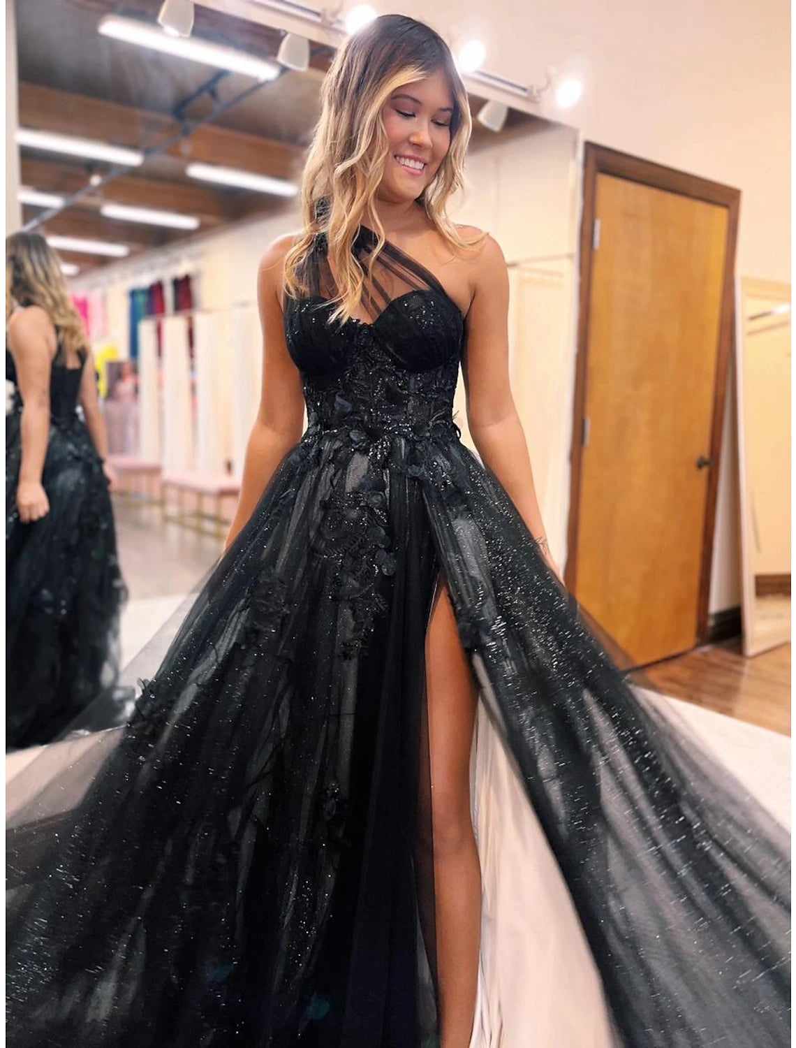 Black Glitter Tulle A-Line One Shoulder Floor-Length Dress with High Slit and Floral Appliques