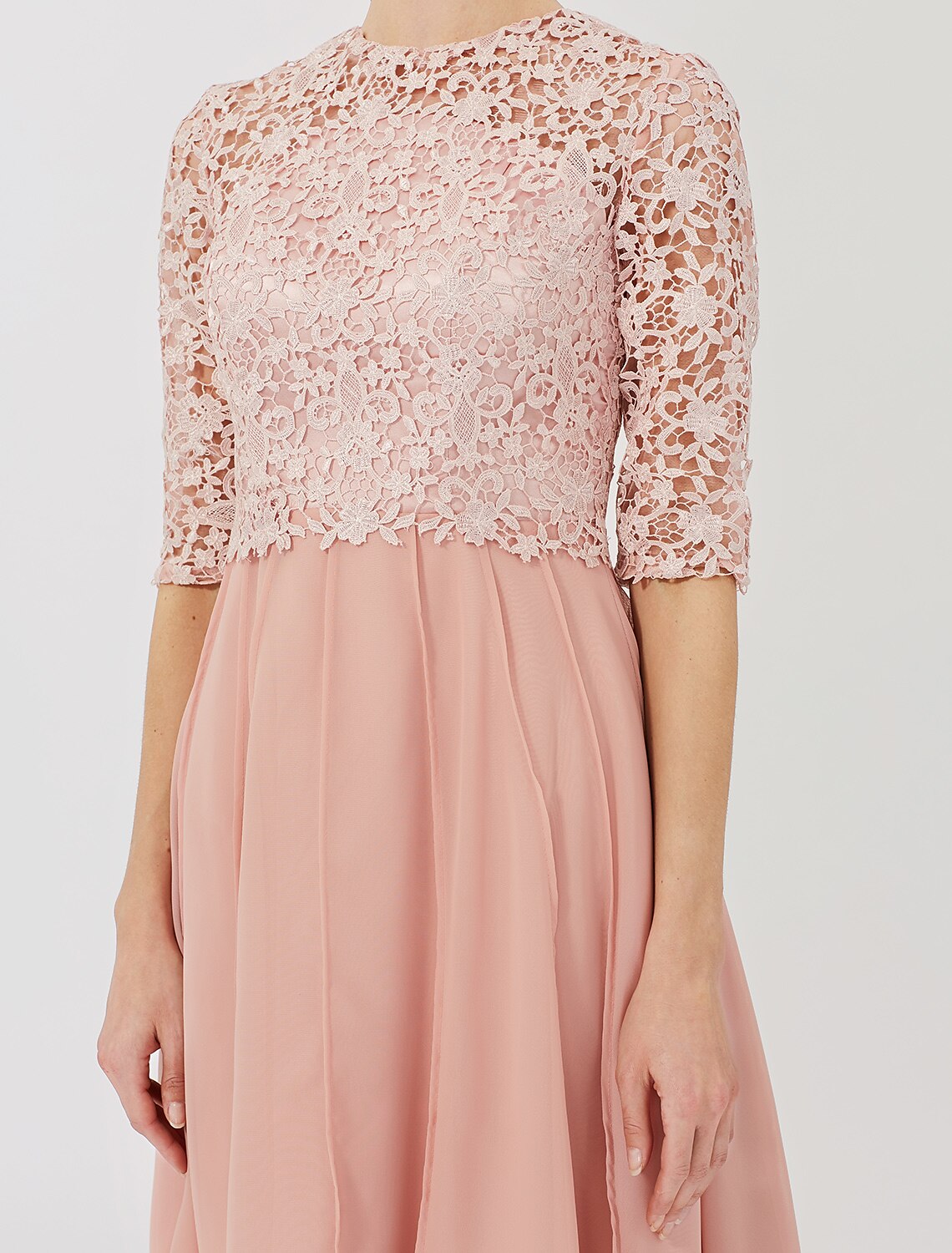 Vestido de baile para madre de la novia, formal, clásico y atemporal, elegante y lujoso, convertible, cuello ilusión, largo hasta la rodilla, gasa, encaje floral, manga 3/4 con broche de cristal