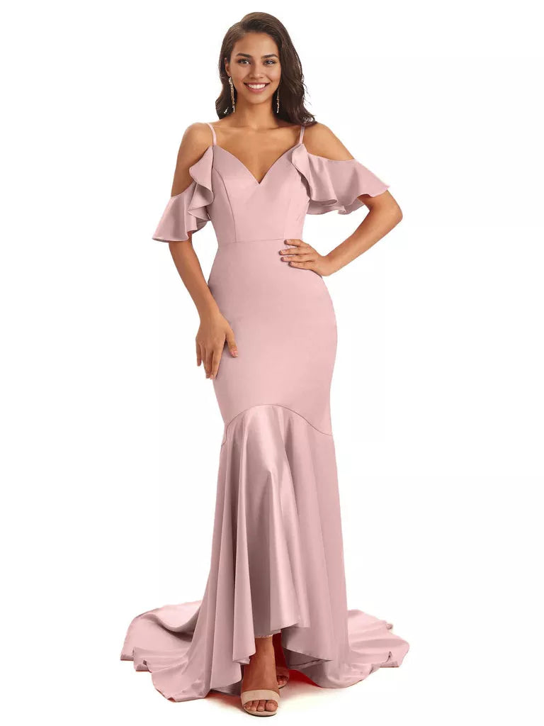 Soft Satin Asymmetric Spaghetti Straps Sleeveless Mermaid Cold Shoulder Bridesmaid Dresses