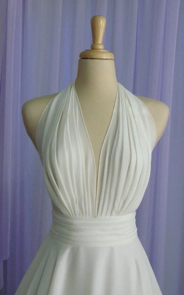 Vintage neck hanging bow tea long chiffon wedding dress