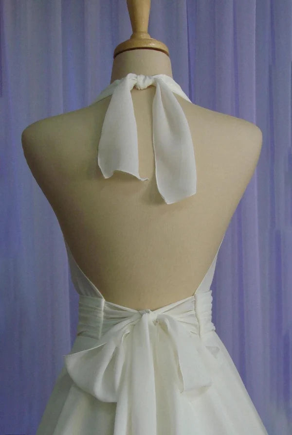 Vintage neck hanging bow tea long chiffon wedding dress