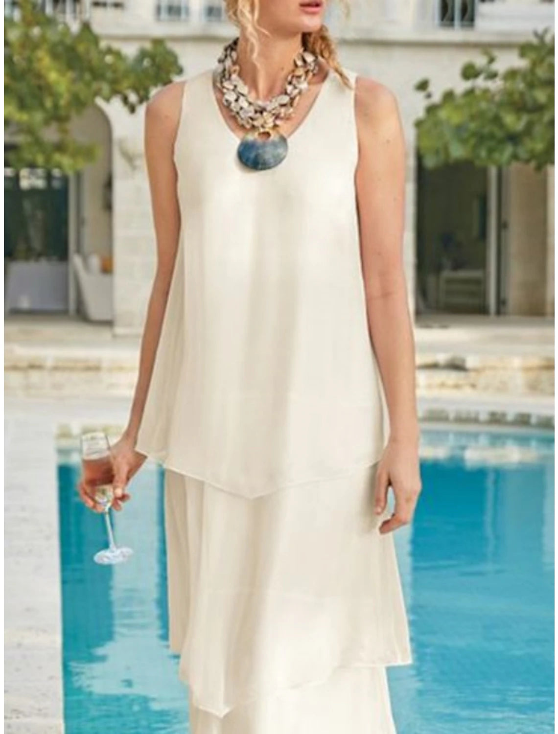 Abito da cerimonia per la madre della sposa, a tubino, elegante, semplice, con scollo a V, lunghezza alla caviglia, in chiffon, senza maniche, tinta unita