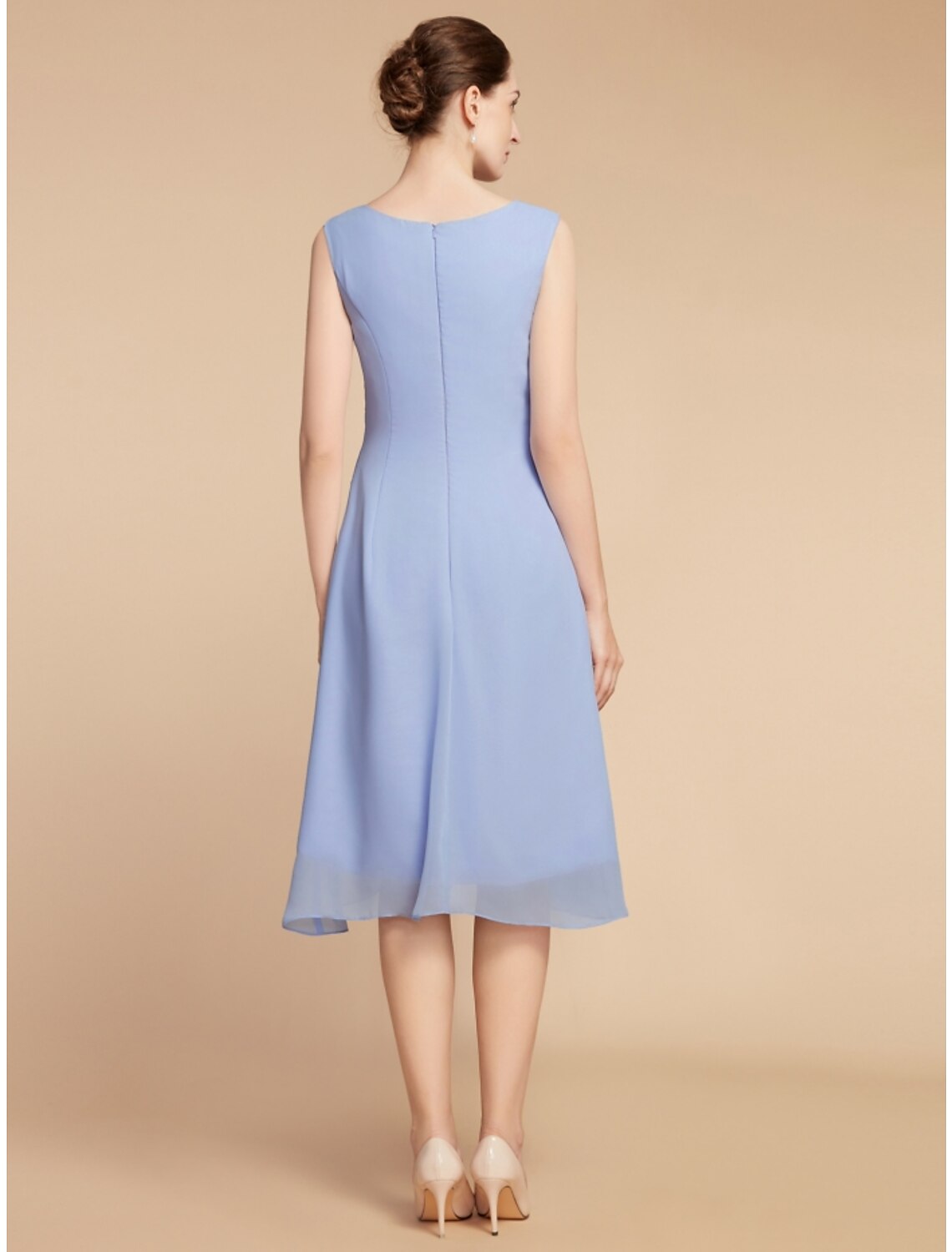 Dusty Blue Chiffon A-Line Tea-Length Bridesmaid Dress with Lace Bodice & Jacket