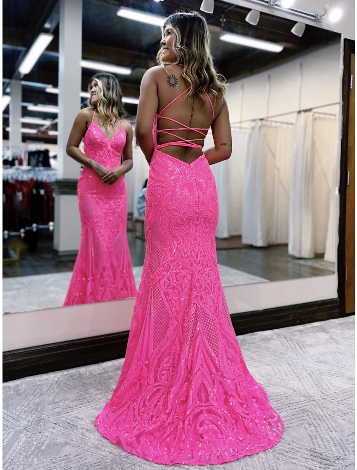 Royal Blue Sequin Mermaid Floor-Length Dress with V-Neck and Criss-Cross Straps