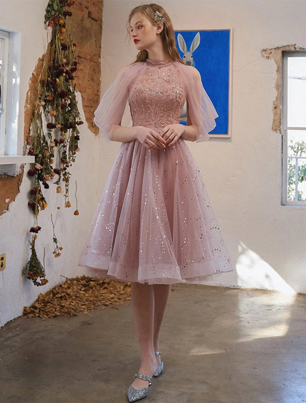 Vestido de cóctel de corte A, vestido de fiesta, graduación, compromiso, largo hasta la rodilla, manga 3/4, cuello joya, tul con apliques de lentejuelas