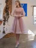 Vestido de cóctel de corte A, vestido de fiesta, graduación, compromiso, largo hasta la rodilla, manga 3/4, cuello joya, tul con apliques de lentejuelas