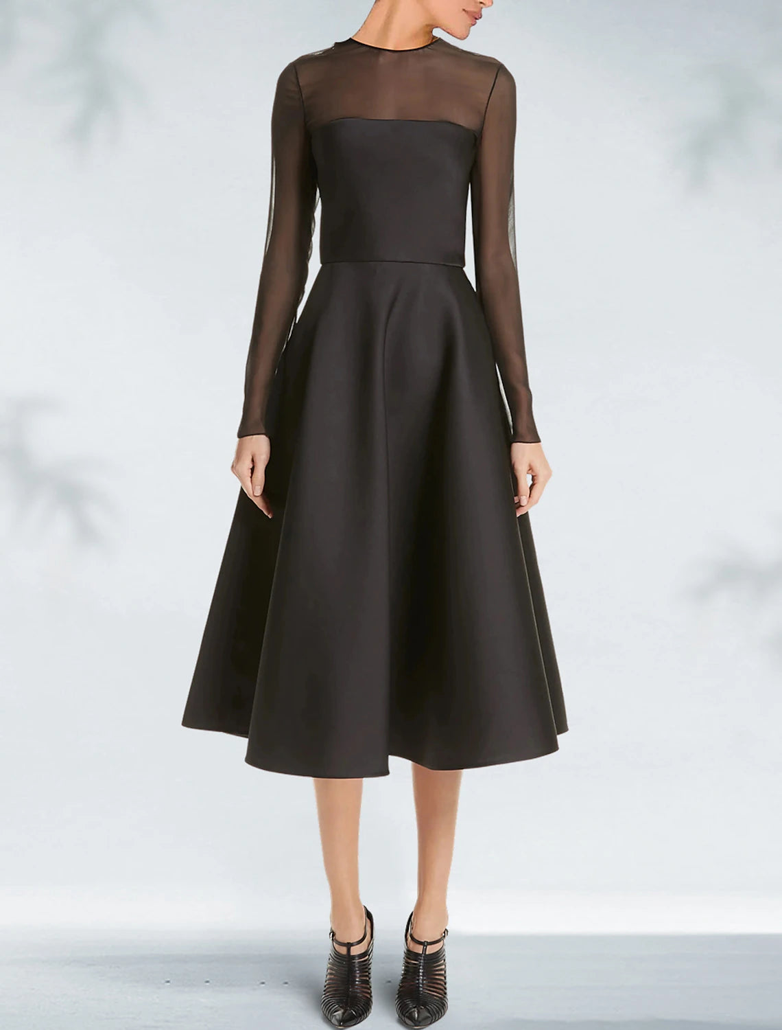 A-Line Cocktail Dresses Elegant Black Dress Plus Size Wedding Guest Party Wear Tea Length Long Sleeve Jewel Neck Gothic Satin with Pleats