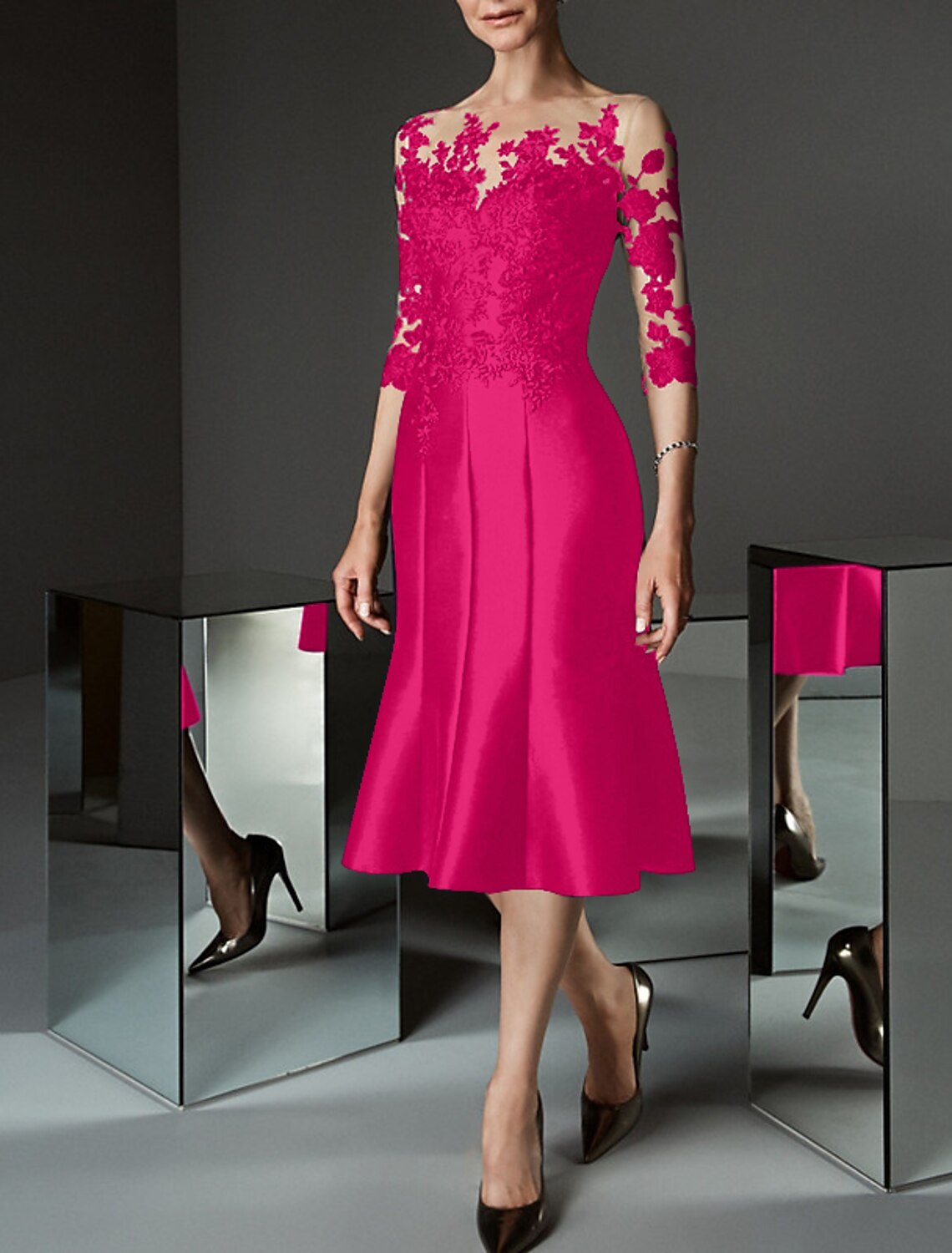 Vestido de sirena/trompeta para madre de la novia, para invitada de boda, transparente, cuello barco, largo hasta la rodilla, encaje de satén, manga 3/4 con botones y apliques