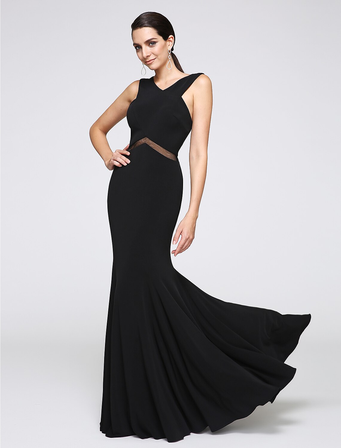 Black Stretch Knit Mermaid Floor-Length Gown with V-Neck & Criss-Cross Bodice