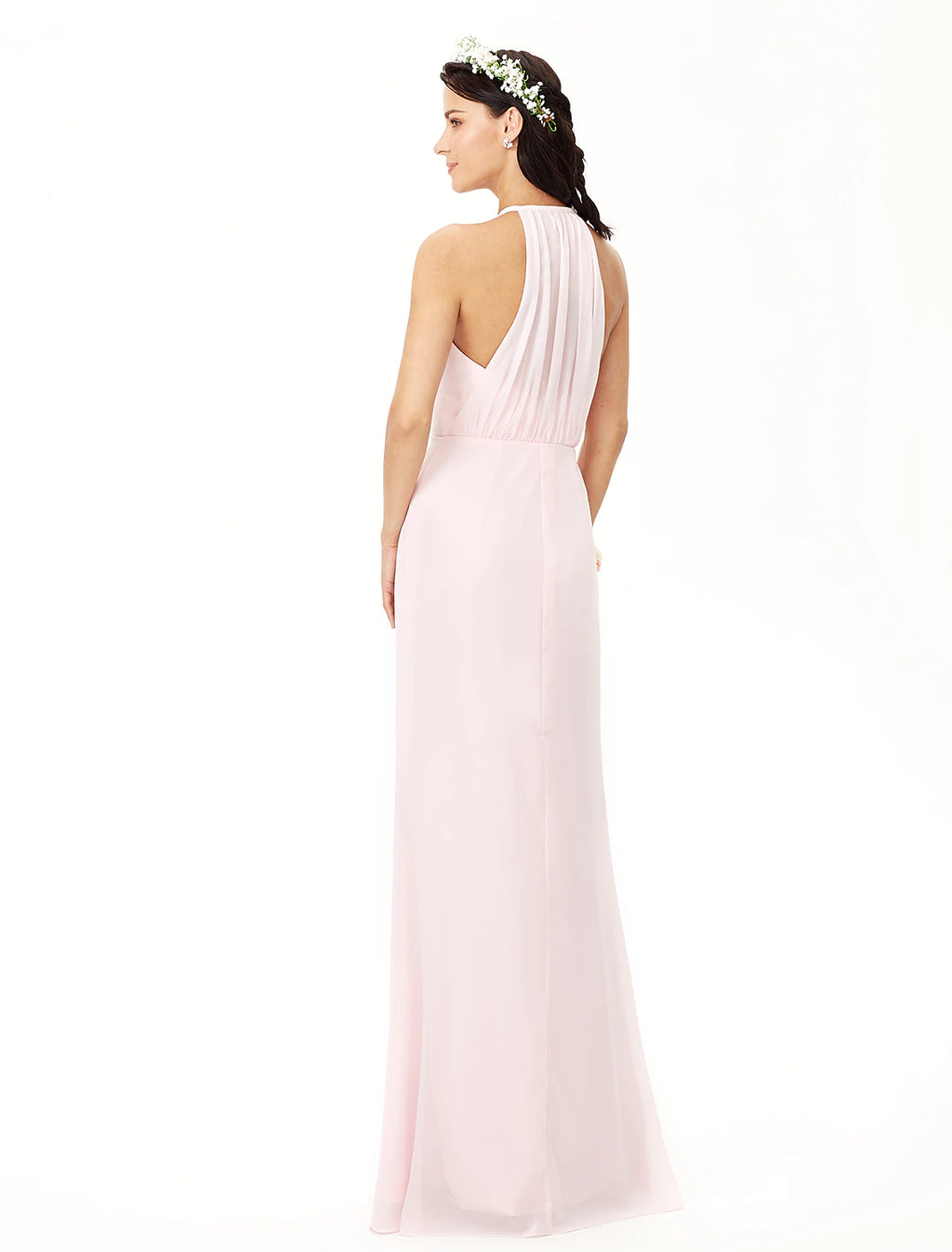 Blushing Pink Chiffon A-Line Floor-Length Dress with Halter neckline and Backless - Jimiss