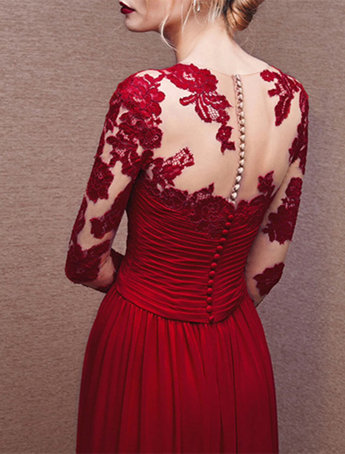 Abito da sera a trapezio, elegante, formale, da ospite di nozze, lungo, manica a 3/4, scollo a V, in chiffon con bottoni, applicazioni arricciate, 2025