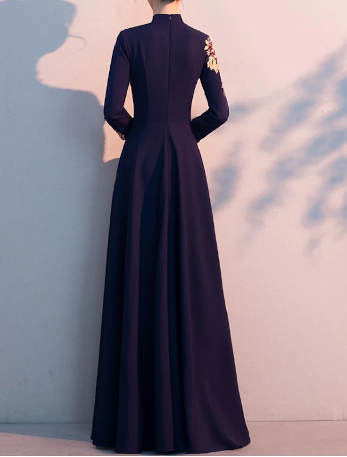 A-Line Mother of the Bride Dress Elegant Simple High Neck Floor Length  Fabric Long Sleeve with Pleats Appliques