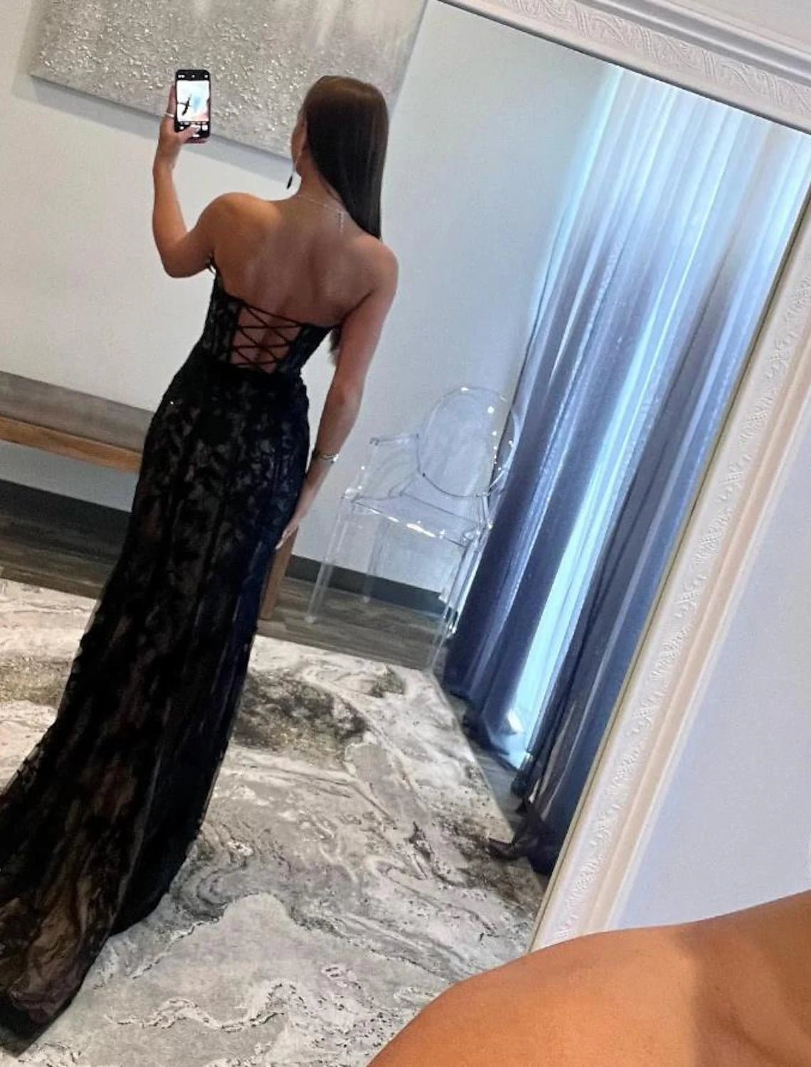 Black Lace Sweetheart Sheath/column Floor-Length Evening Dress with High Slit