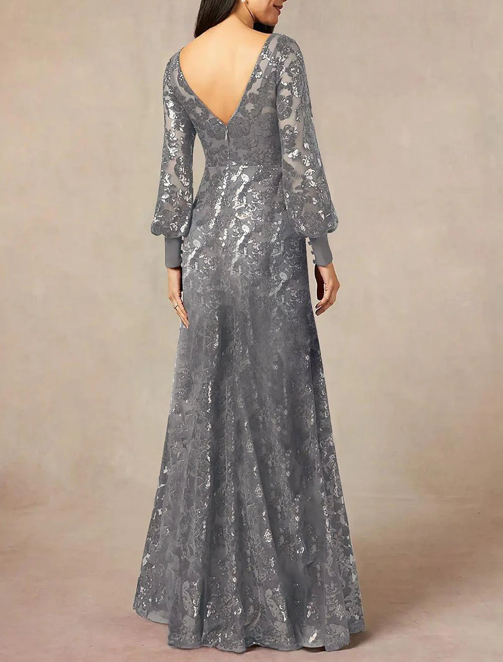 Vestido de madre de la novia de corte A, formal, para invitada de boda, elegante, cuello joya, largo hasta el suelo, gasa con lentejuelas, manga larga con lentejuelas