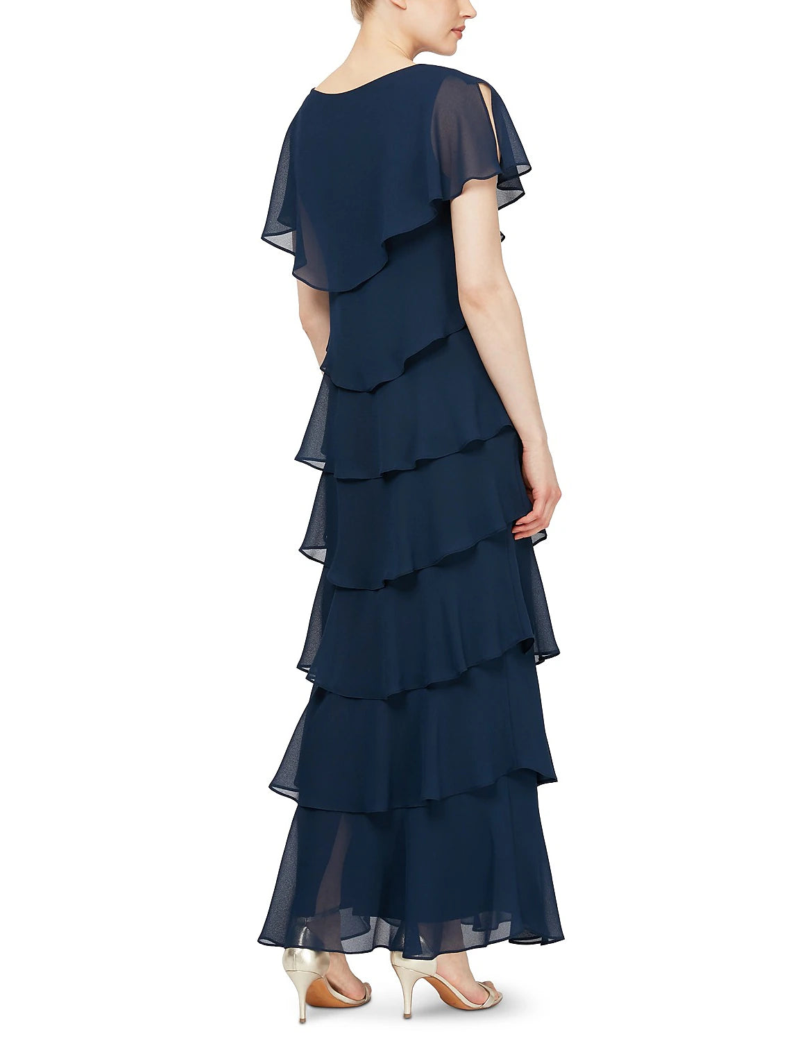 Dark Navy Chiffon Tiered V-Neck Floor-Length Evening Dress