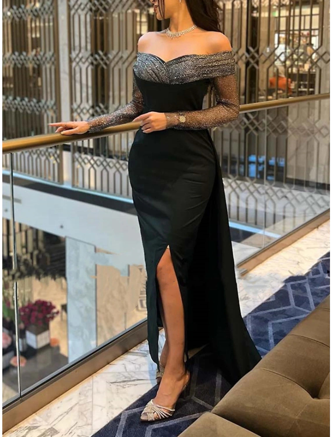 Sheath / Column Evening Gown Elegant Dress Formal Black Dress Floor Length Long Sleeve Off Shoulder  Fabric with Sequin Slit 2025