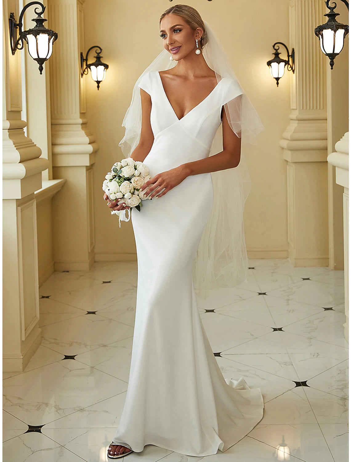 White Satin Mermaid V-Neck Floor-Length Evening Dress