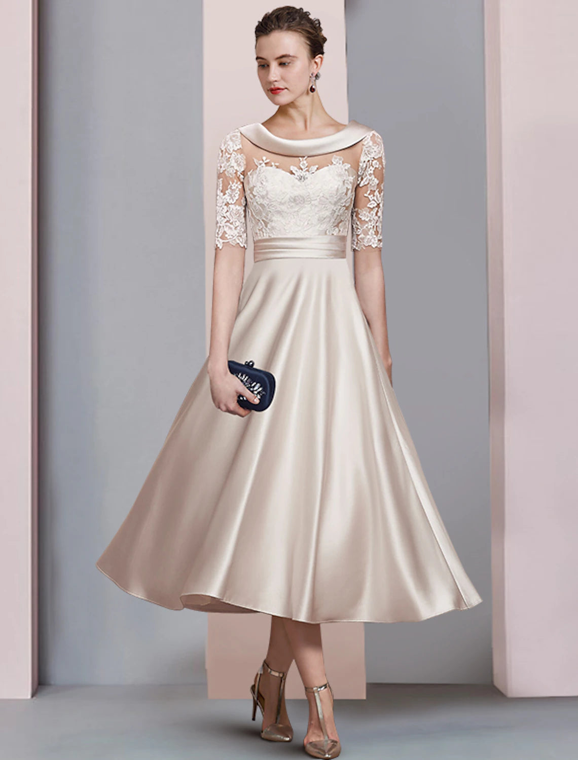 Champagne Satin A-Line Tea-Length Dress with Lace Illusion Bodice