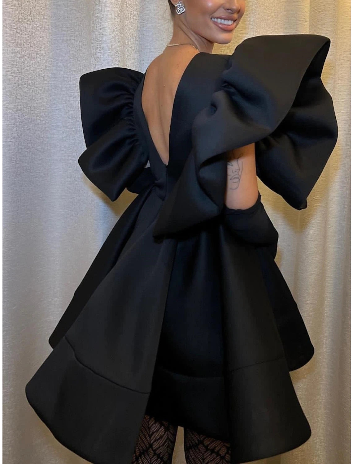 A-Line Vintage Short Sleeve V Neck Satin with Bow(s) Pleats Ruched Short/Mini Homecoming Dress