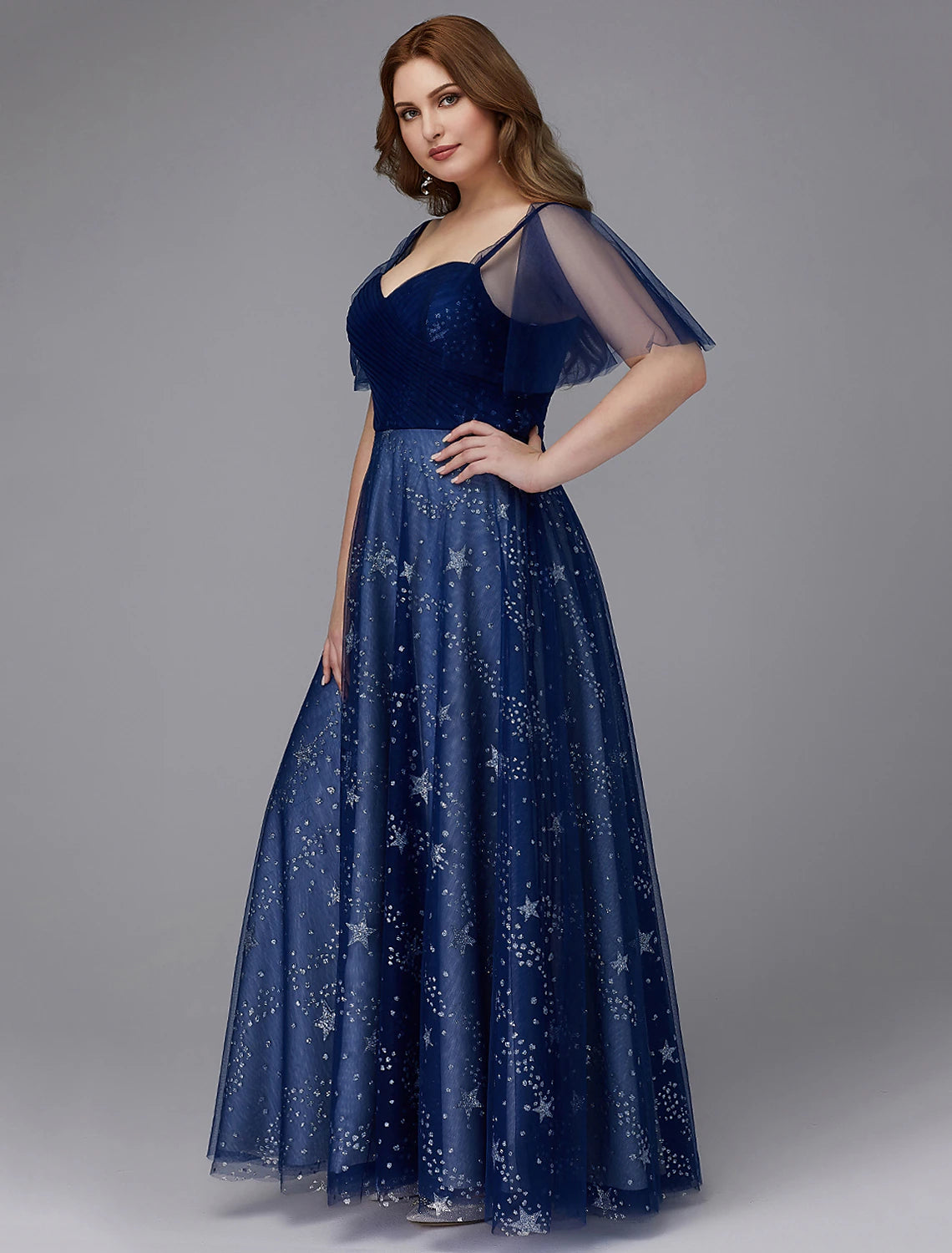 Abito a trapezio taglie forti per invitati a nozze, ballo di fine anno, lunghezza al pavimento, manica corta, scollo a cuore, tulle, allacciatura con motivo di perline/stampa 2025