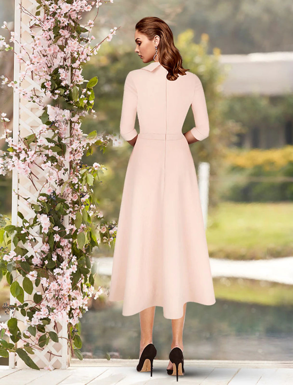 Blushing Pink Cowl Neck Crepe A-Line Tea-Length Dress – Wedding Guest & Cocktail Party