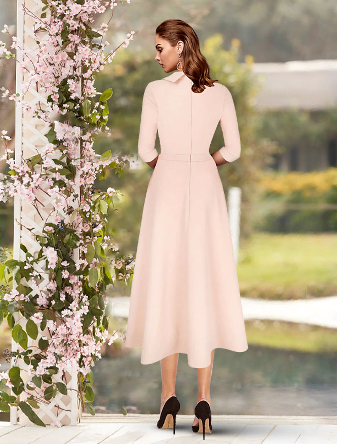 Blushing Pink Cowl Neck Crepe A-Line Tea-Length Dress – Wedding Guest & Cocktail Party