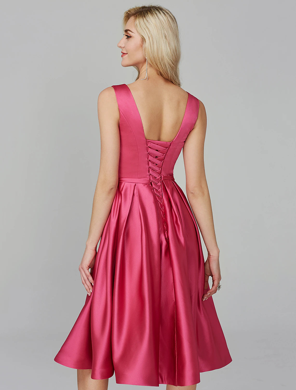 Abito elegante a trapezio, per invitati a matrimoni, cocktail party, lunghezza al ginocchio, senza maniche, con ferretto a V, abito rosa in raso con fascia/nastro