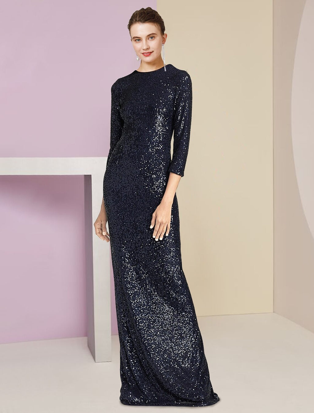 Vestido de dos piezas para madre de la novia, estilo tubo/columna, para invitada de boda formal, con brillo y brillo, elegante, escote redondo, largo hasta el suelo, tafetán desmontable con lentejuelas, manga 3/4 con lazo(s).