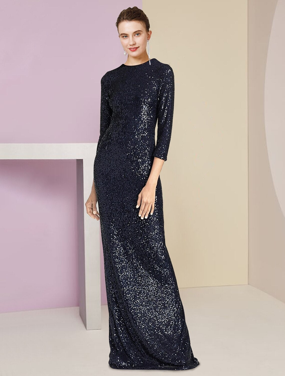 Vestido de dos piezas para madre de la novia, estilo tubo/columna, para invitada de boda formal, con brillo y brillo, elegante, escote redondo, largo hasta el suelo, tafetán desmontable con lentejuelas, manga 3/4 con lazo(s).
