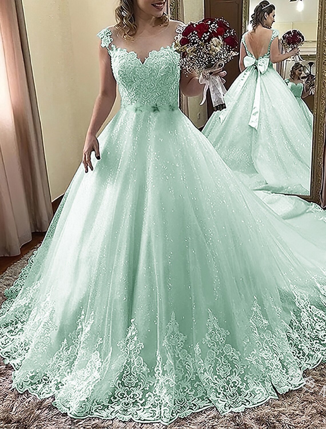 Vestidos de novia formales de compromiso, vestido de baile, cuello ilusión, manga corta, cola de corte, vestidos de novia de encaje con apliques de lazo(s)