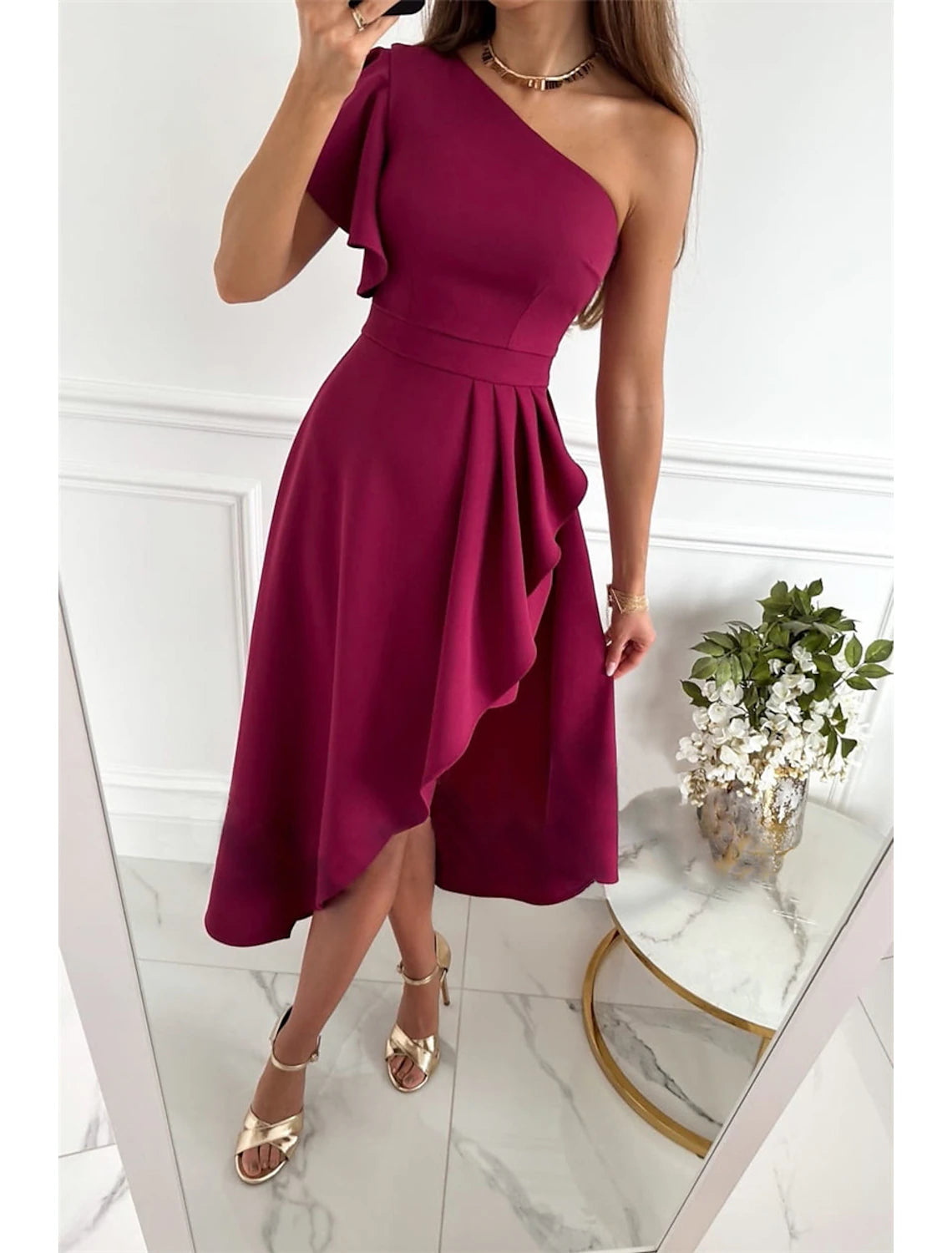 Vestito nero da donna, sexy, da festa, da ballo, miniabito rosa vino, a maniche corte, con volant, primavera, autunno, monospalla, moda, da invitata a nozze