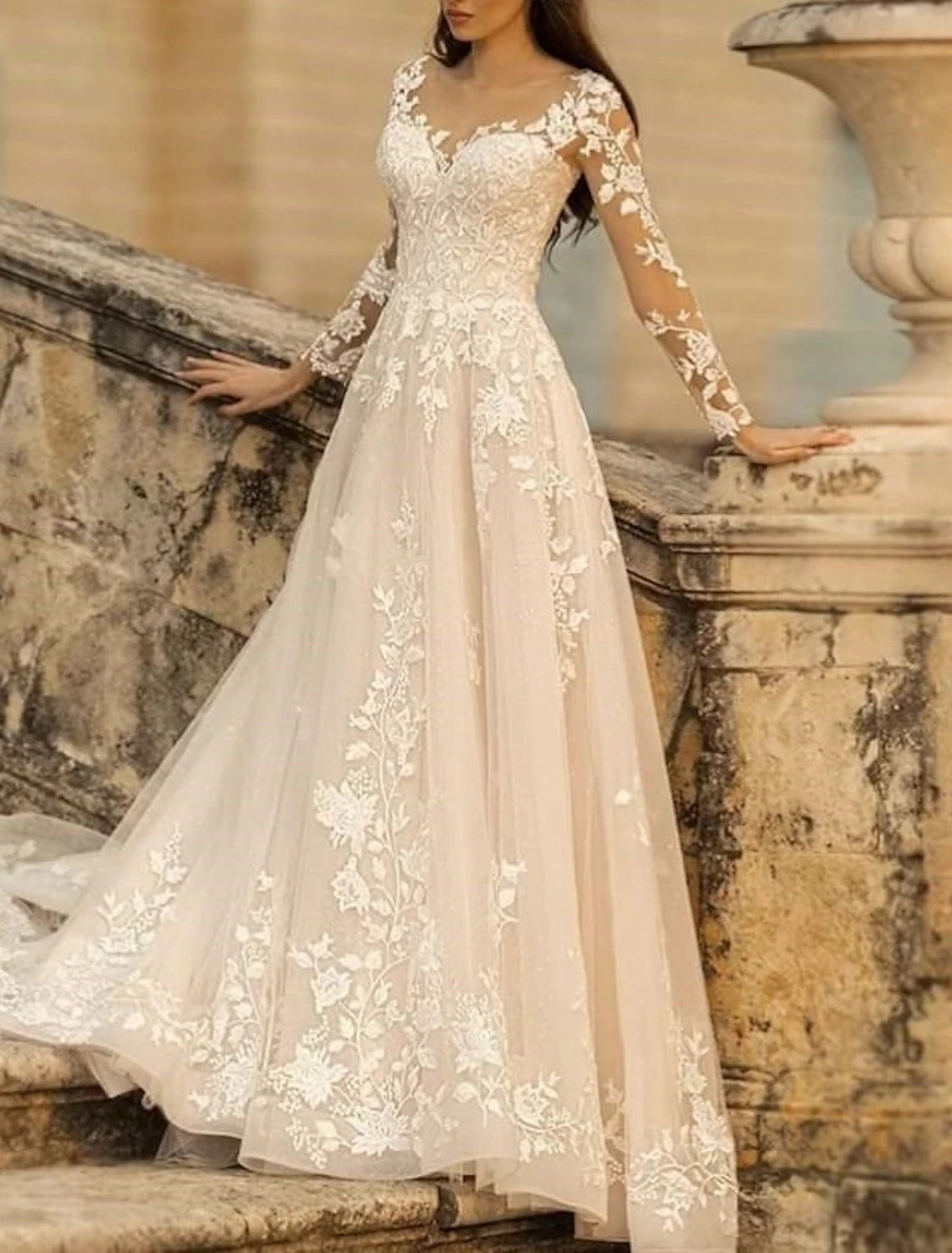 Ivory Lace A-Line Floor-Length Bridesmaid Dress with V-Neck and Illusion Long Sleeves