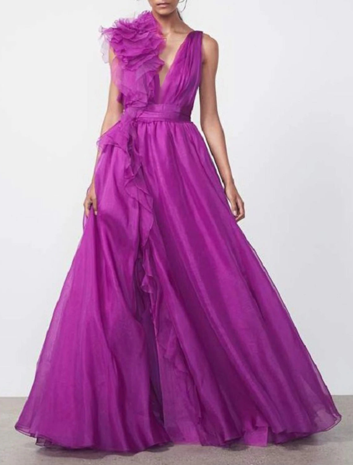 Vestido de noche estilo celebridad, corte en A, color rojo y verde, formal, para invitados de boda, largo hasta el suelo, sin mangas, escote en V, de gasa con abertura, color puro.
