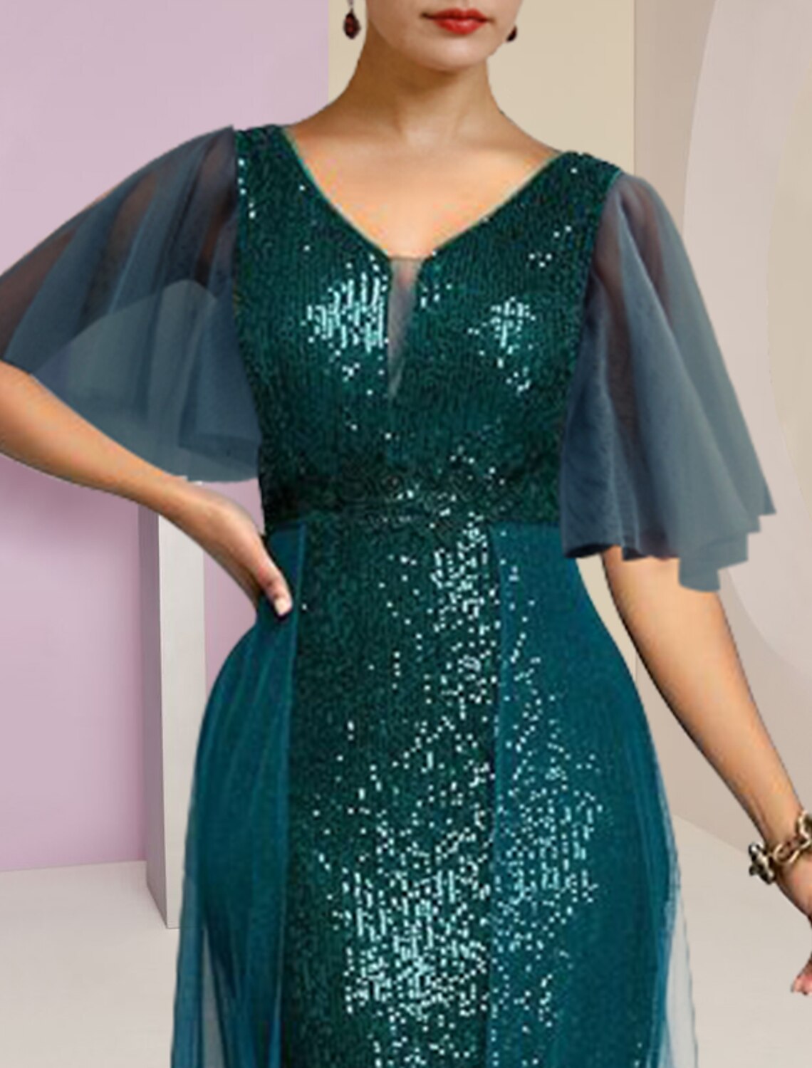 Vestido de madre de la novia con corte tubo/columna, elegante, con brillo y brillo, escote en V alto y bajo, largo hasta la rodilla, de gasa con lentejuelas, manga corta y pliegues.