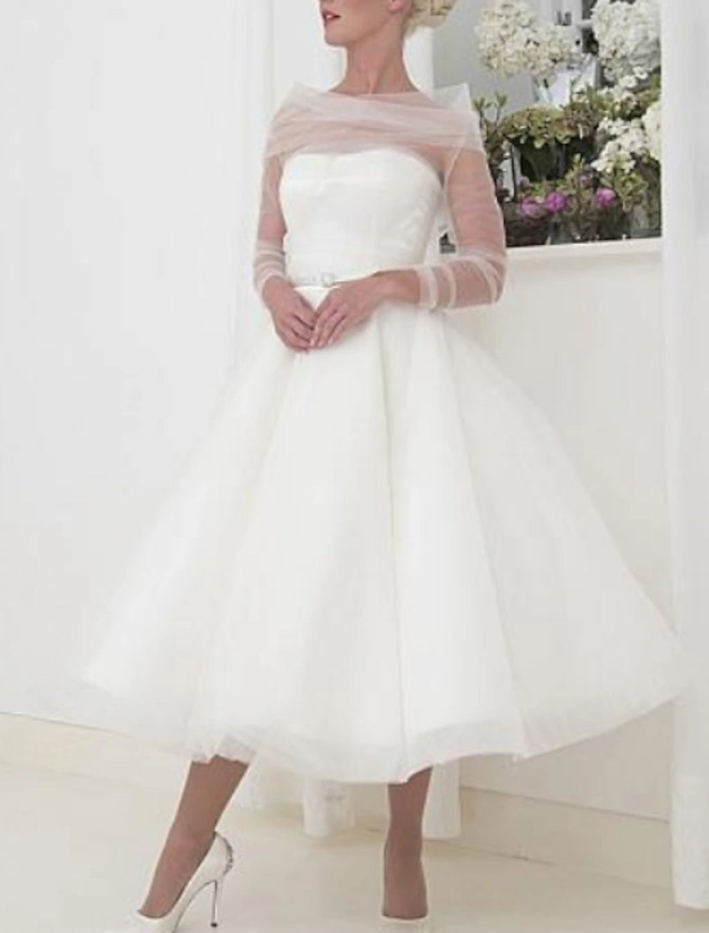 Ivory Satin A-Line Tea-Length Dress with Straight Neck and Sheer Draped Overlay