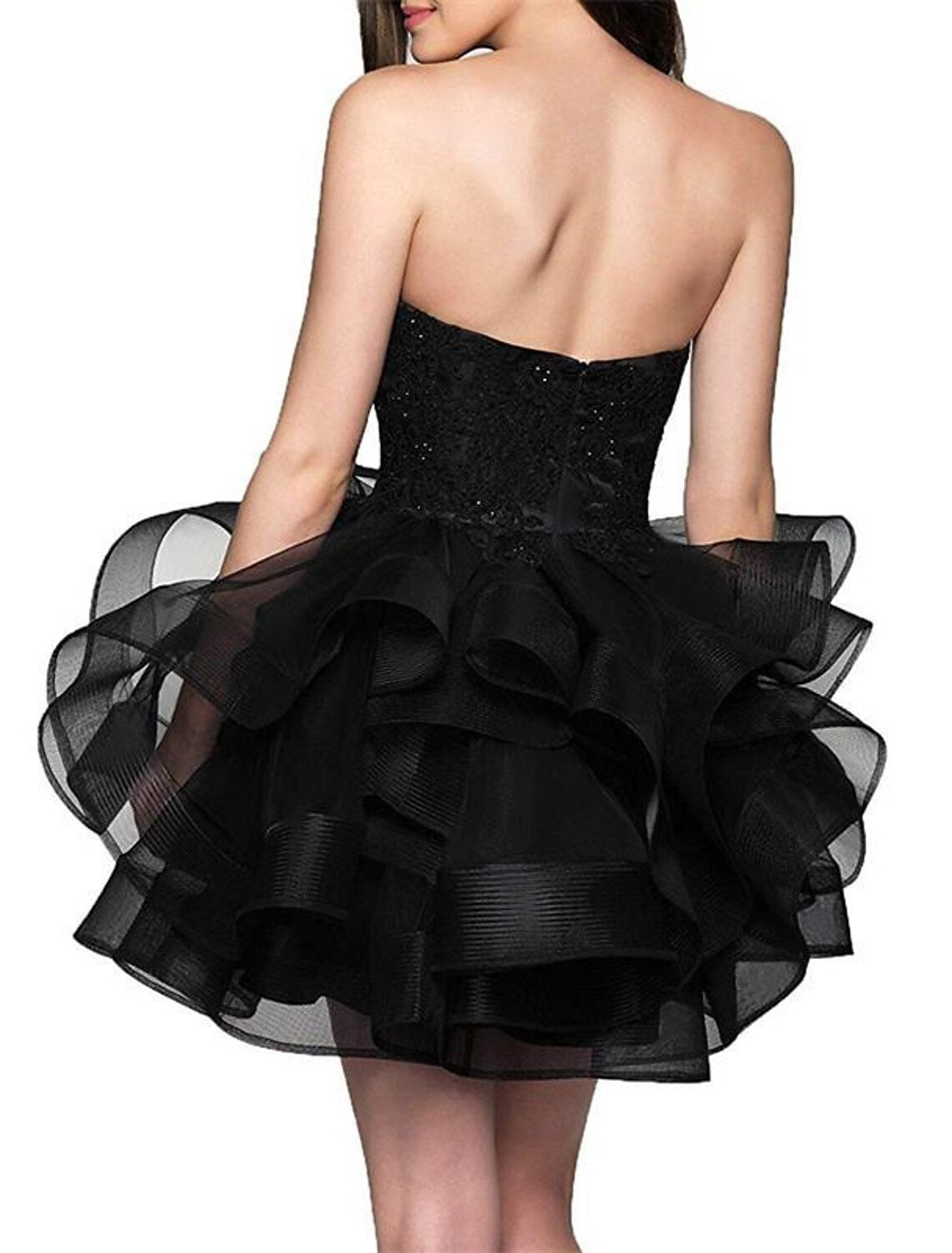 A-Line Minimalist Party Wear Sleeveless Strapless Satin with Appliques Tiered Short/Mini Homecoming Dresses