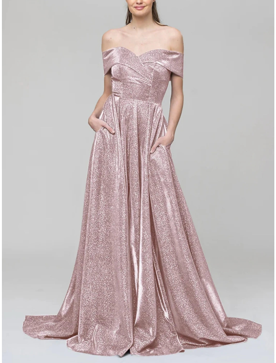 A-Line Evening Gown Sparkle & Shine Dress Formal Court Train Short Sleeve Off Shoulder Sequined with Glitter Pleats 2025