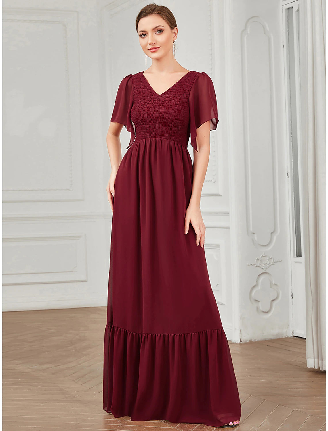 Burgundy Chiffon A-Line Floor-Length Dress with V-Neckline, Smocked Bodice & Ruffled Hem