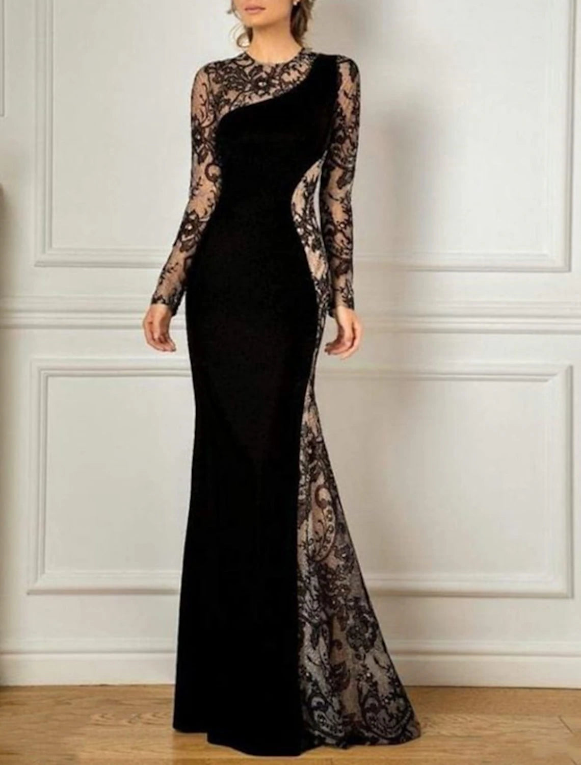 Abito da madre della sposa a sirena/tromba, elegante, per invitati al matrimonio, nero, con scollo gioiello, lunghezza pavimento, in pizzo, velluto, maniche lunghe, senza applicazioni, a blocchi di colore