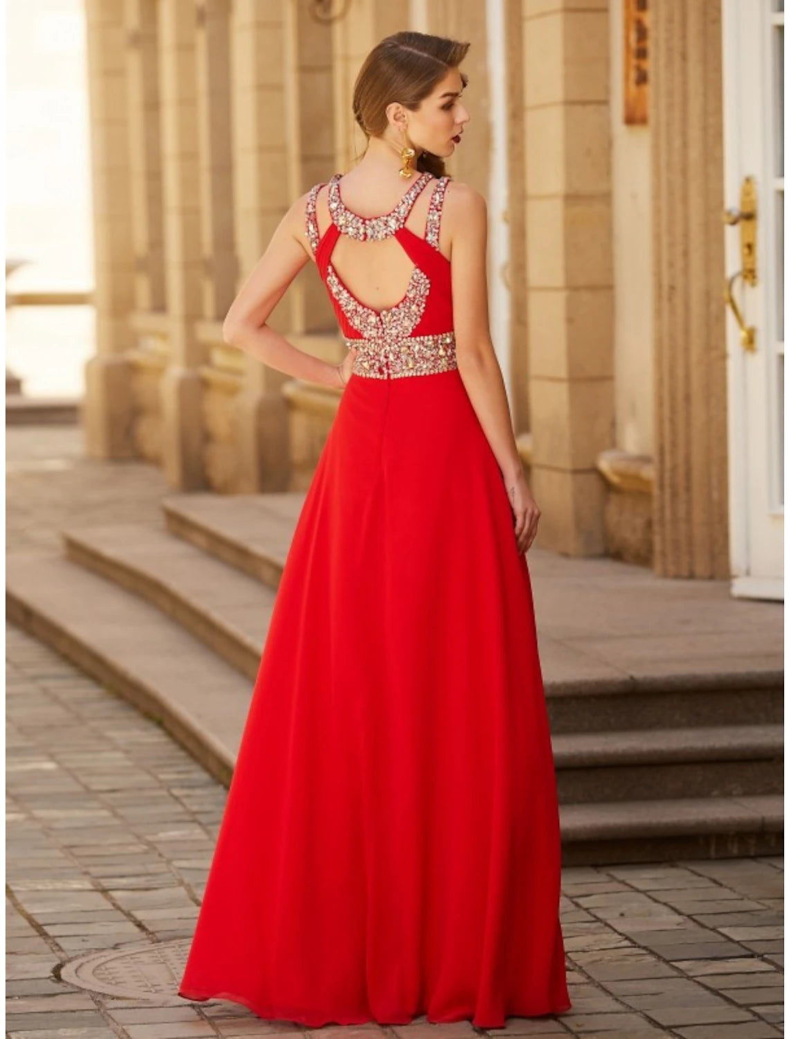Red Chiffon A-Line Floor-Length Dress with Halter neckline and Embellished bodice
