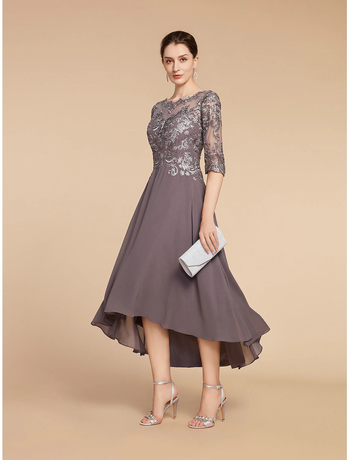 Abito da cerimonia per la madre della sposa, a trapezio, elegante, con scollo a barchetta, asimmetrico, lunghezza tè, in chiffon, pizzo, mezza manica con applicazioni a pieghe