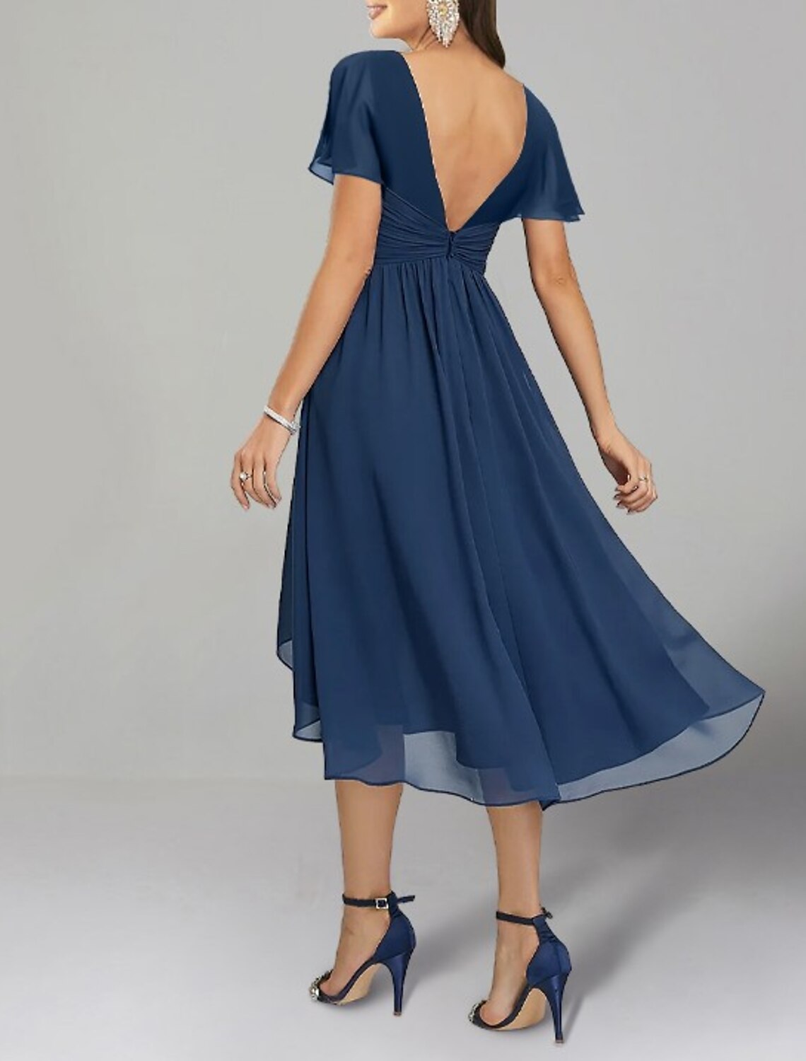 Dark Navy Chiffon A-Line Asymmetrical Bridesmaid Dress with Illusion V-Neck and Ruched Waist