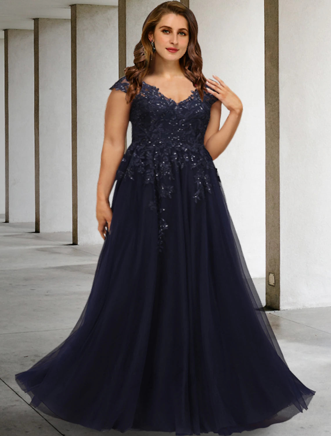 Dark Navy Tulle A-Line Floor-Length Evening Dress with Lace Appliques & Cap Sleeves